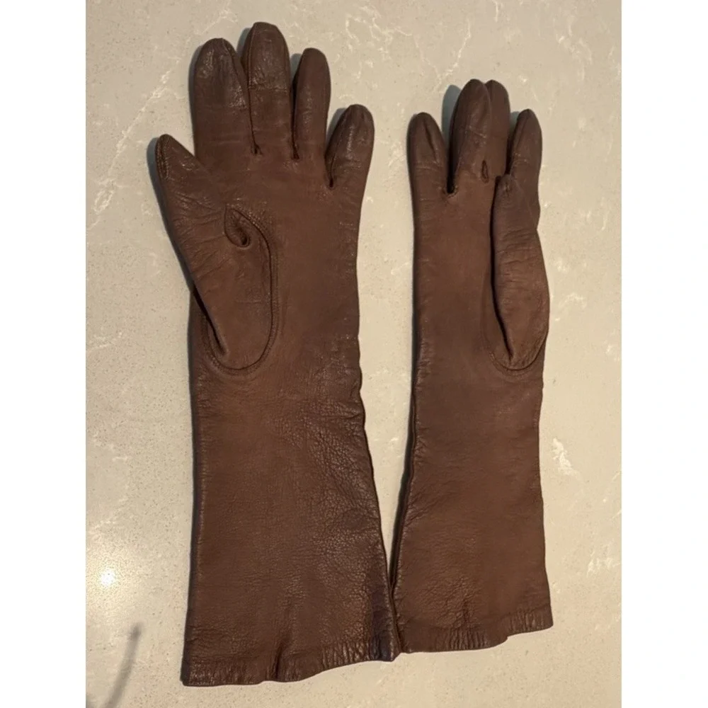 Vintage Brown Leather Opera Gloves Women's Silk Lined Long Dress Evening M